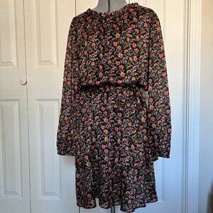 LOFT Petites Floral Tie Waist Long Sleeve Dress SP